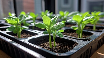Sprouting seedlings in a plastic tray by a window