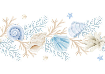 Obraz premium Watercolor seamless border with seashells, corals, starfish, and pearls. Isolated horizontal marine template for packaging, invitations, banner, stationery, branding, and textile prints