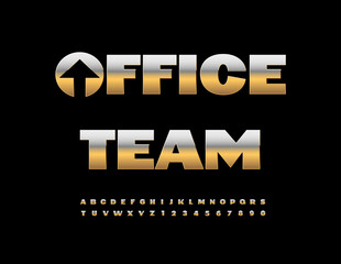 Vector Premium sign Office Team with Metallic Arrow. Elite Golden Font. Modern Luxury Alphabet Letters and Numbers set.
