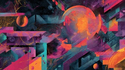 A vibrant techno abstract collage with swirling patterns and sharp angles, representing innovation.