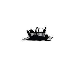 Silhouette of a picnic basket filled with food near a lake on white background