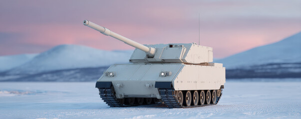 Military tank painted white in arctic landscape, showcasing its robust design against backdrop of snow and mountains. scene evokes sense of strength and resilience in harsh conditions