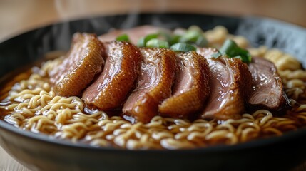 Steamed duck slices over ramen noodles in a bowl. Steam rising from the hot food