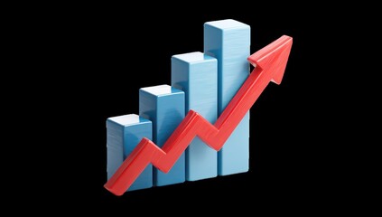3D graphic of a rising bar chart with a red arrow