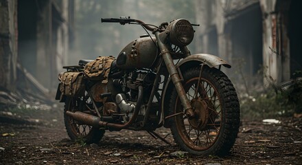 Rusted army motorcycle standing in abandoned urban environment