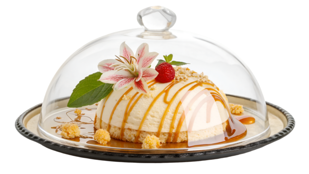 Delicious dessert cake with caramel and raspberry under glass dome for restaurant menu and food blog isolated on transparent background