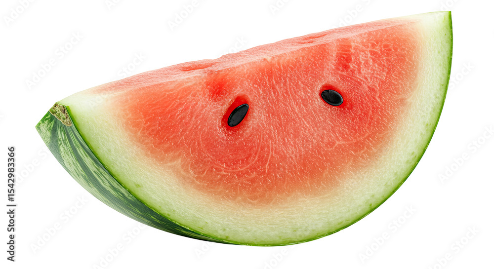 Poster freshly sliced watermelon wedge with seeds isolated against a black background