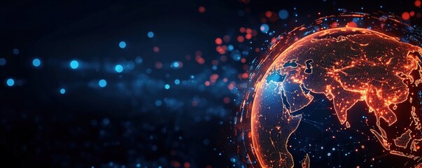 Obraz premium A digital globe illuminated with glowing orange and blue data points, highlighting Asia and surrounding regions in a futuristic tech style.