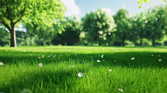 Meadow green grass with tree border creating a serene nature view in bright daylight, meadow green grass with tree border video in background