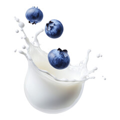 Isolated Blueberries Splashing in Fresh Milk with Transparent Background