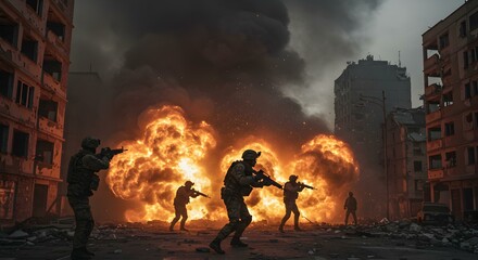 Fototapeta premium Soldiers advancing through war-torn urban streets amidst explosions
