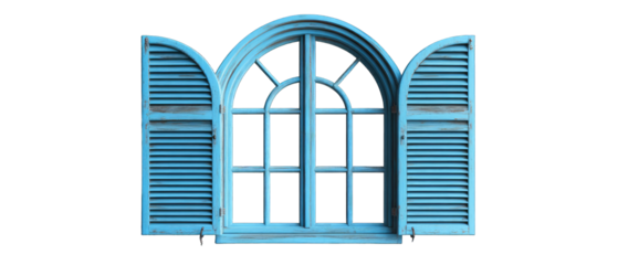 Light blue arched window with shutters