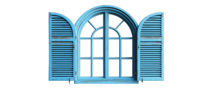 Light blue arched window with shutters