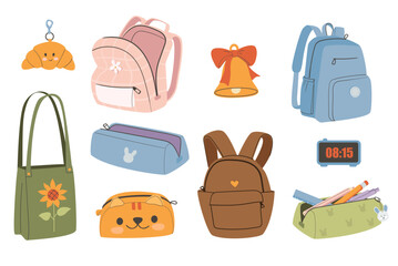 Set of different school backpack and schoolbag. Back to school, collection of children bags. Hand drawn vector illustration isolated on white background. Modern flat cartoon style