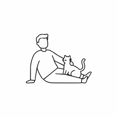 Man sitting on floor with cat in simple outline style  