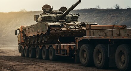Battle tank transported on heavy-duty military trailer on dusty road