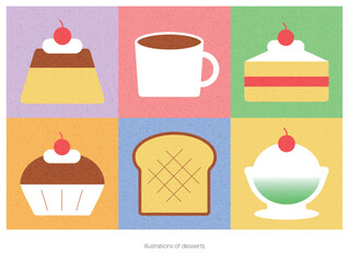 Cute, sweet and colorful pudding, cupcake, bread, dessert illustration set