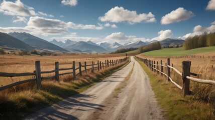 Fototapeta premium Scenic Dirt Road in Rural Countryside with Mountain View and Fluffy Clouds
