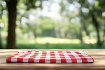 Red And White Plaid Tablecloth On Wooden Table Outdoor Background