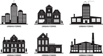 Obraz premium Black Silhouette Building Clipart Set. Modern, Classic, Industrial Architecture Vector Icons