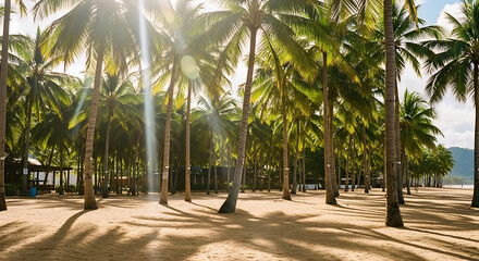 Sun-Drenched Tropical Beach with Swaying Palm Trees and Golden Sand, Ideal for Vacation and Travel Destinations