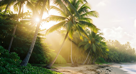 Golden hour light on a tropical beach with lush palm trees and ocean shore