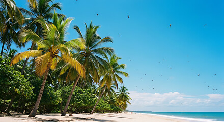 Idyllic Tropical Beach with Lush Palm Trees and Azure Sea Under Clear Blue Sky