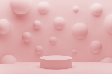 Pastel pink one round podium background, mockup. Abstract stage - wall with floating smooth, soft, spheres. Serenity scene for presentation cosmetic, showing products, displaying goods. 3D rendering.