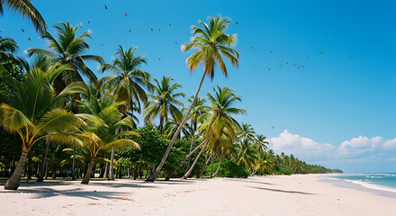 Idyllic Tropical Beach: White Sand, Leaning Palm Trees, Turquoise Ocean, and Clear Blue Sky