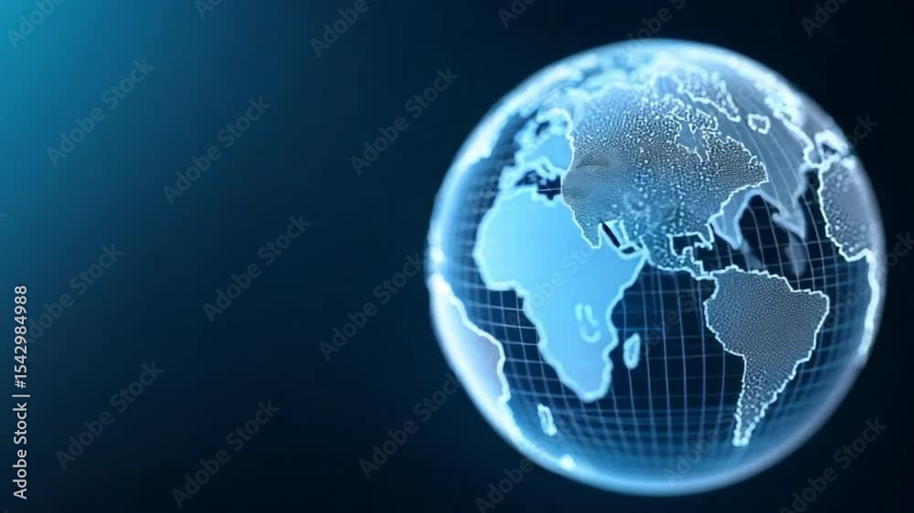 Poster digital globe: a futuristic, translucent digital globe with glowing lines and continents against a d