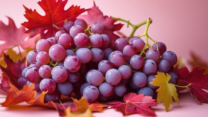 A bunch of plump purple grapes surrounded by colorful autumn leaves.