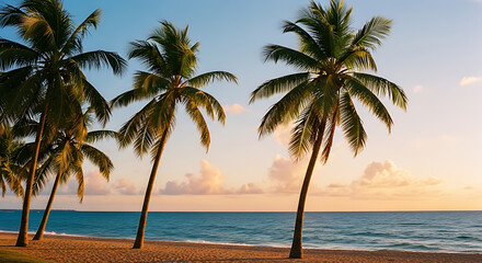 Tropical Beach Paradise at Golden Hour with Palm Trees and Calm Ocean