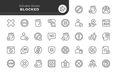 Blocked line icon set. Banned, forbidden, block, blocking, error, rejected, disabled, close, prohibited sign, stop, no entry, spam and more. Outline icon in linear style. Vector collection.