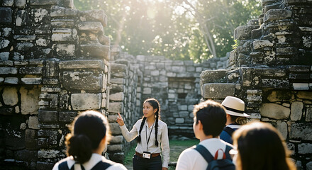 Female Tour Guide Explaining Ancient Stone Ruins to Tourists at Archaeological Site Under Sunlight