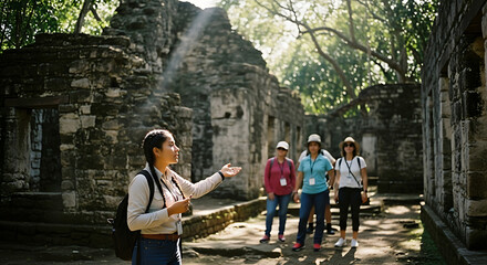 Tourists exploring ancient stone ruins in a sunlit tropical forest with a knowledgeable guide