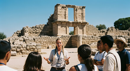 Tour Guide Explaining History to Diverse Group at Ancient Archaeological Ruins Under Sunny Sky