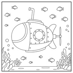 Submarine cute and funny outline coloring page. Submarine, transportation, vehicle, outline coloring book for kids.