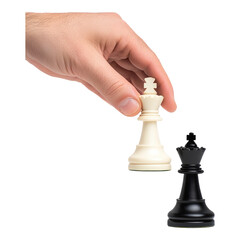 Hand Holding White Chess Piece Above Black Chess Piece on Isolated Background