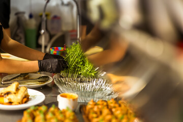 Chef's hands in black gloves preparing fresh microgreens in a busy kitchen environment,...