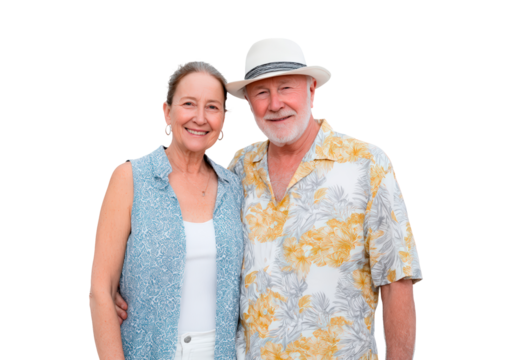 Smiling senior couple in summer attire embracing outdoors fun on transparent background, PNG
