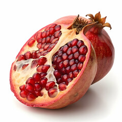 Whole ripe pomegranate with a cut piece showing juicy red seeds isolated on white background