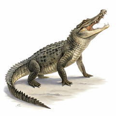 Fototapeta premium crocodile with rough scaly skin, powerful tail, and open jaws displaying sharp teeth captured in full body pose isolated on white background