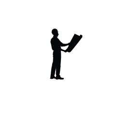 Silhouette of an engineer inspecting construction plans on white background