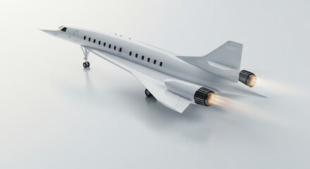 未来型超音速機 滑らかな機体 光沢輝く白 力強く離陸準備完了. AI Generated