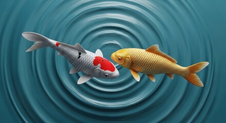Koi Fish Swimming Together in Rippled Blue Water