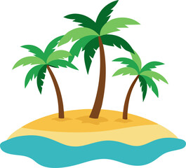 A minimalist island with palm trees and a sandy beach with white background.