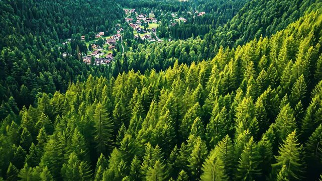 Aerial view of Rothenfluh showcasing lush green pine trees and scenic valley landscape, Aerial view of Rothenfluh full of green pine trees and the town at the foot of it