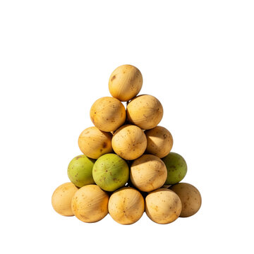 Ripe and unripe langsat fruits in a pyramid