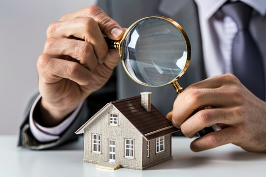 Businessman examines small house model through magnifying glass