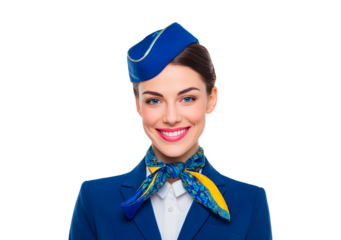 Professional flight attendant with blue uniform and scarf on transparent background, PNG